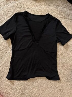 Black Short Sleeve Lace Trim Top